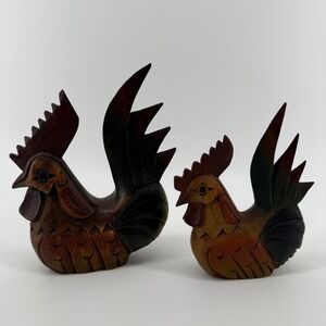 VTG Hand Carved Wood Rooster Chicken Mandalay Box Co Set of 2 Country Decor